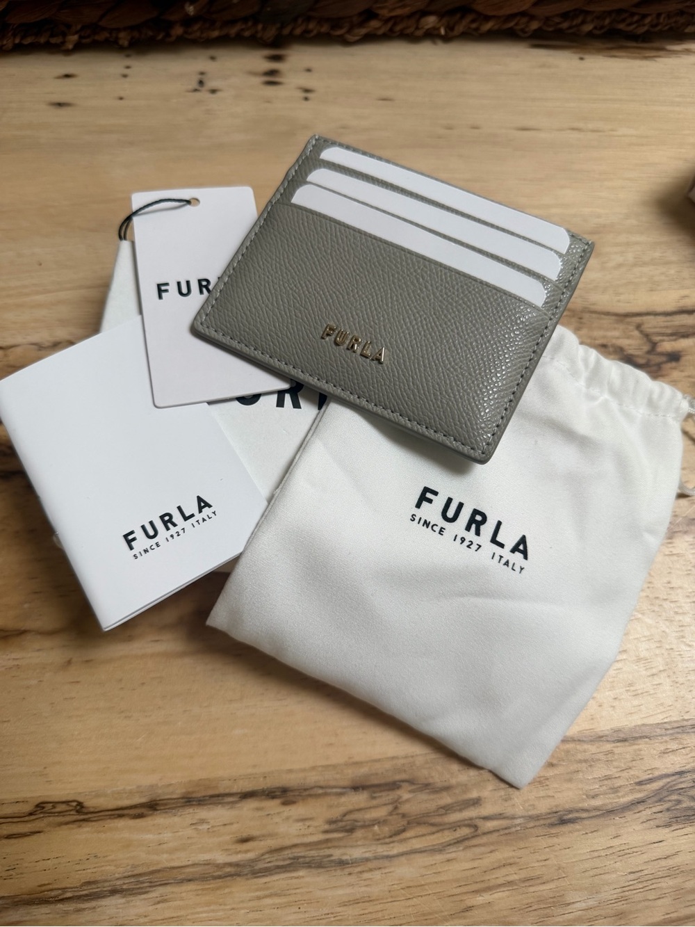 Furla Taupe Gray Pebbled Leather Card Holder with Gold Logo